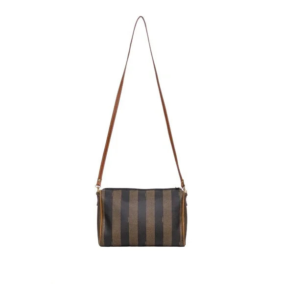 Fendi Vintage Pequin Stripe Coated Canvas Crossbody Shoulder‎ Bag Brown Tan